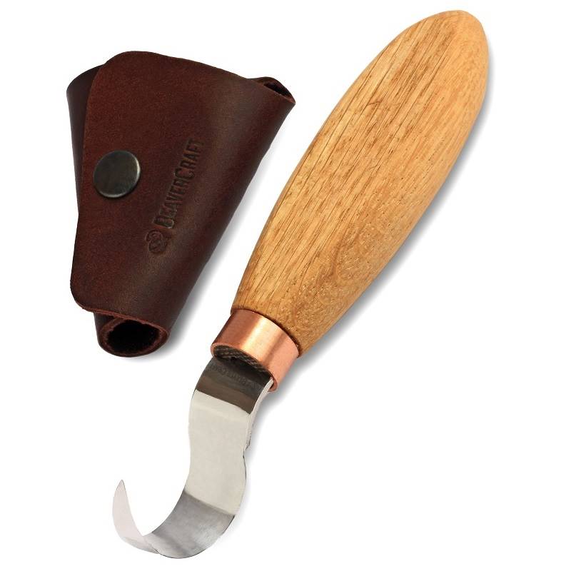 BeaverCraft SK1S Oak - Hook Knife in Leather Sheath