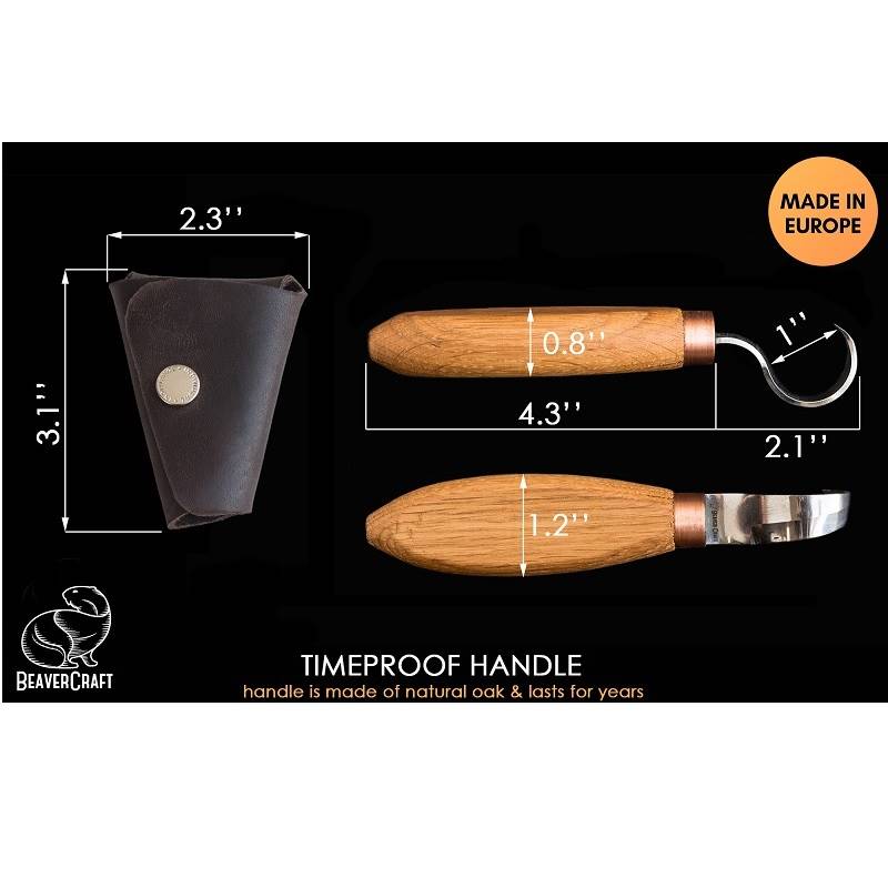 BeaverCraft SK1S Oak - Hook Knife in Leather Sheath